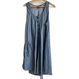 Double Decker chambray dress 100% cotton front button pockets scoop neck